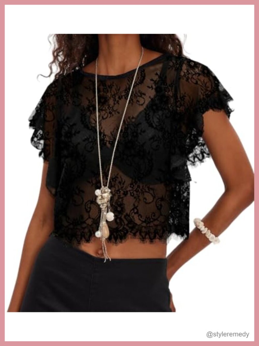 Lace Sheer Crochet Poncho Top Ruffle Sleeve Flowy Cover-Up